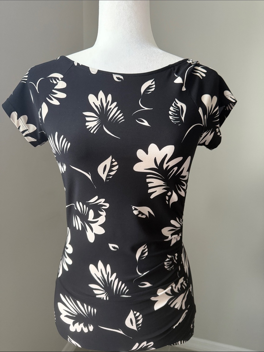 RALPH LAUREN Black White Floral Stretch Jersey Top Size XS